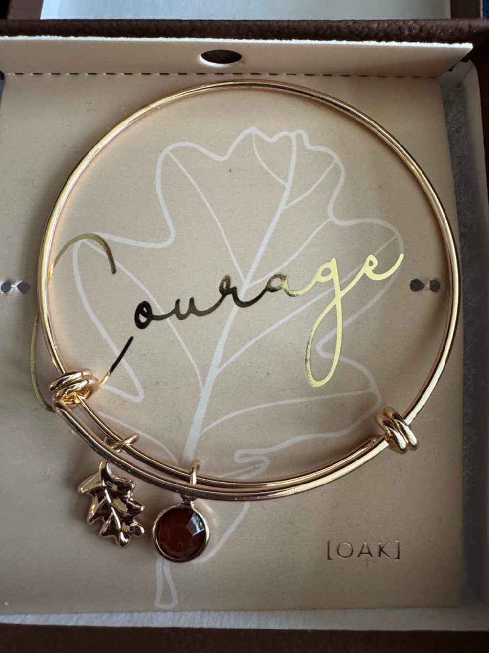 Tuscan Sun Gold Tone Women's Oak Charm Bangle Bracelet Brown Stone & Oak Leaf